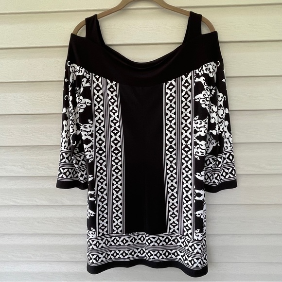 Joseph Ribkoff Cold Shoulder Black and White Mixed Print Tunic Top - Picture 2 of 8